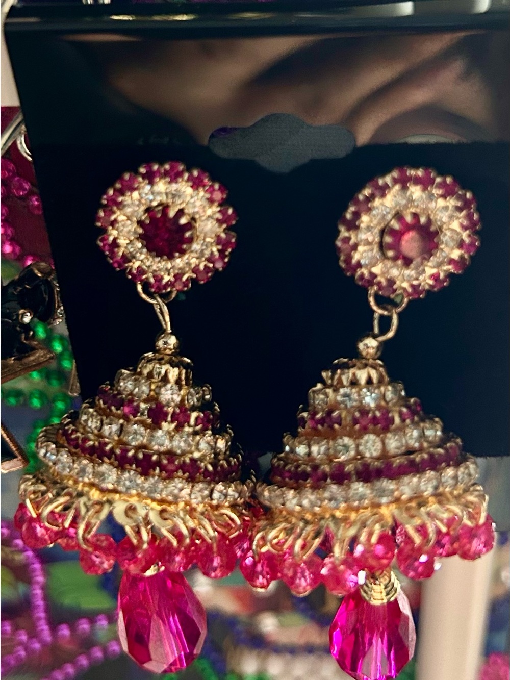 Gold-Tone Pink Crystal Jhumka Earrings - Picture 4 of 7